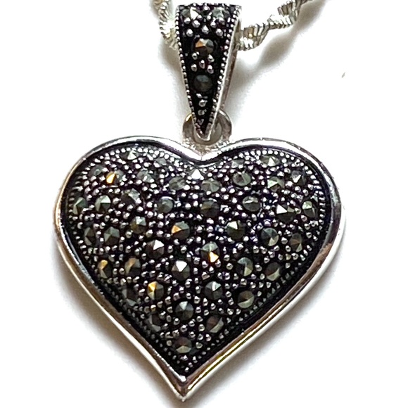 Sterling Silver Heart Shaped Marcasite Necklace - Picture 2 of 7